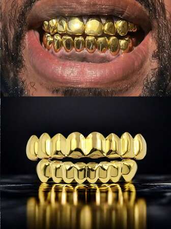 AINTTBY 1pc/2pcs Hip Hop 18K Gold Plated Teeth Grillz, 8 Teeth Shiny Gold Dental Grills, Unisex Halloween Party Costume