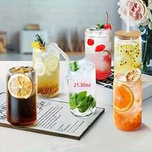 4 Sets/2 Sets/1 Set (Each Set Includes 1 X 550ml Glass Cup, 1 X Bamboo Lid, 1 X Glass Straw, 1 X Straw Brush) 21.3oz Borosilicate Glass Beverage Cup, Cute & Reusable, Suitable For Bubble Tea, Iced Coffee, Tea Drinks, Restaurants - Multicolor - View 10