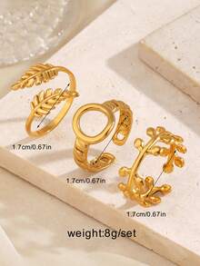 3pcs/Set Stainless Steel Minimalist 18K Gold Plated Leaf Design Jewelry Set, Suitable For Women Everyday Wear & Party - Multicolor - View 2