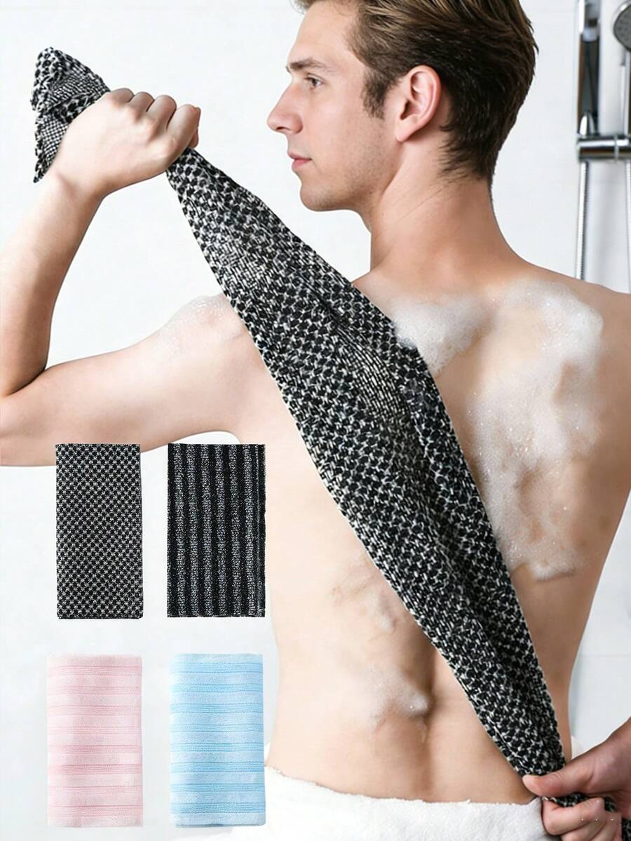 Serviette de bain exfoliante japonaise - Éponge de massage exfoliante double face, facile à mousser, éponge de bain unisexe, fibre ultra-fine rayée super douce, design carré, convient pour la douche, pour les hommes et les femmes, article de soin de salle de bain essentiel au quotidien, style moderne, tissu durable, peut également être utilisé comme serviette de toilette - Multicolore - Voir 1