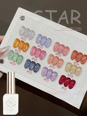 12毫升秋冬美甲粉红蓝闪粉凝胶指甲油，2025网络红人闪光反光迪斯科钻石胶指甲油美白流行美甲沙龙美甲用品圣诞美甲