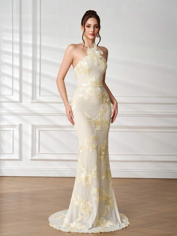 Elisanya Robe de cocktail sexy dos nu avec col montant, décoration florale 3D, robe de soirée longue ajustée à ourlet sirène pour événements formels, mariages, fêtes de mariage, soirées cocktail - Nude - Voir 6