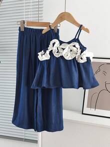 2pcs/Set Fashionable Denim Style Sleeveless Top Paired With Navy Wide Leg Pants, Casual Outfit For Teens - Navy Blue - View 3