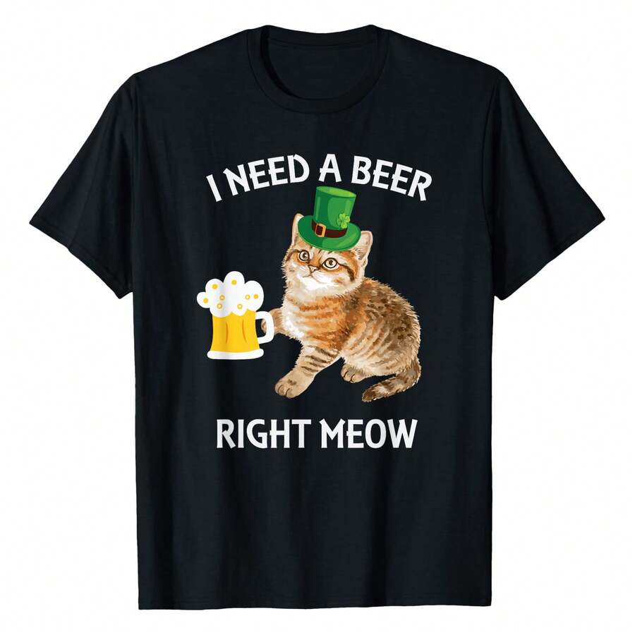 Funny Irish Beer Cat St Patricks Day Drinking With Hat T-Shirt - màu đen - Xem 1