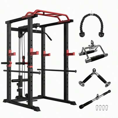 Multi-Functional Power Cage, Home Adjustable Pullup Squat Rack 1000Lbs Capacity Comprehensive Fitness Barbell Rack With Gym Accessories On-Site