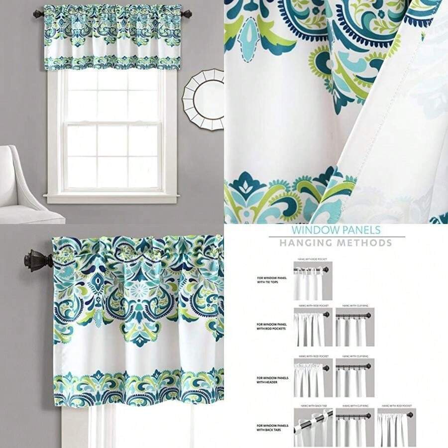 Decor Clara Cortinas con estampado de damasco cachemira, estilo bohemio, de oscurecimiento de la habitación, juego de panel para la sala, el comedor, la recámara (par), Moderno, , Panel Pair 84" x 52", 1(45.7An x 132.1Al cm (1 Paneles) Azul & Verde) - Multicolor - Ver 1