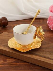1 Set Ceramic Coffee Cup & Saucer With Spoon, 3D Butterfly Handle, Gold Tone Mug, Household Cup, Nordic Minimalist Milk Cup, Afternoon Tea Cup, Red Tea Cup, Valentine's Day Gift - Gold - View 4