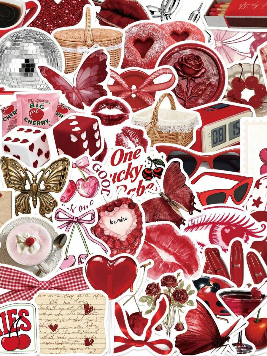 50张Y2K复古卡通贴纸，红色艺术贴纸，酷炫贴纸，美学贴纸，涂鸦贴纸，防水乙烯基贴纸，适用于水瓶、笔记本电脑、手机、滑板、剪贴簿、日记本，可作为礼物。 - a - 查看 1