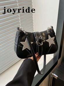 Y2K 女士休闲斜挎包，带星星装饰，腰带，夹子，可调节和可拆卸肩带，单肩包，大容量，复古，适合工作和通勤 - 黑色 - 查看 1