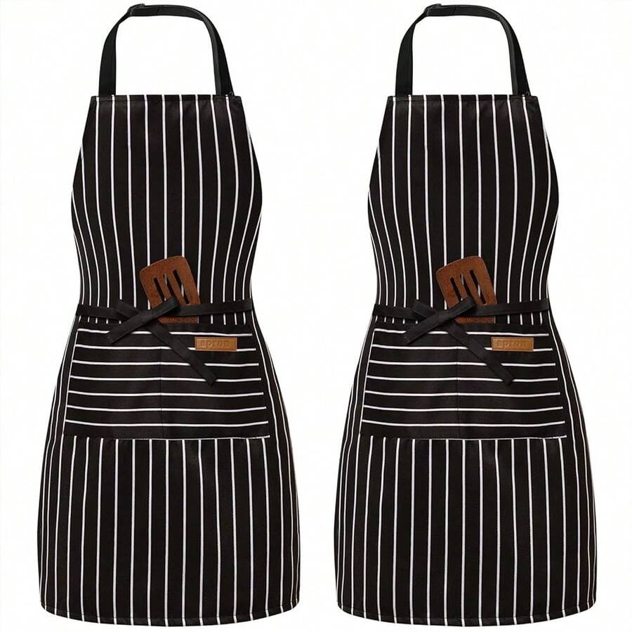 2 Pack Adjustable Bib Apron With 2 Pockets Chef CooFKing Kitchen Restaurant Aprons For Women Men,Black/FFBlackssstripes - 黑色/F黑色條紋 - 查看 1