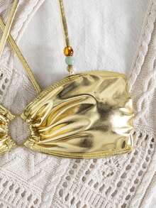 wohenmeili Conjunto de bikini de verano con tirantes finos y diseño hueco metálico de moda - Dorado - Ver 8