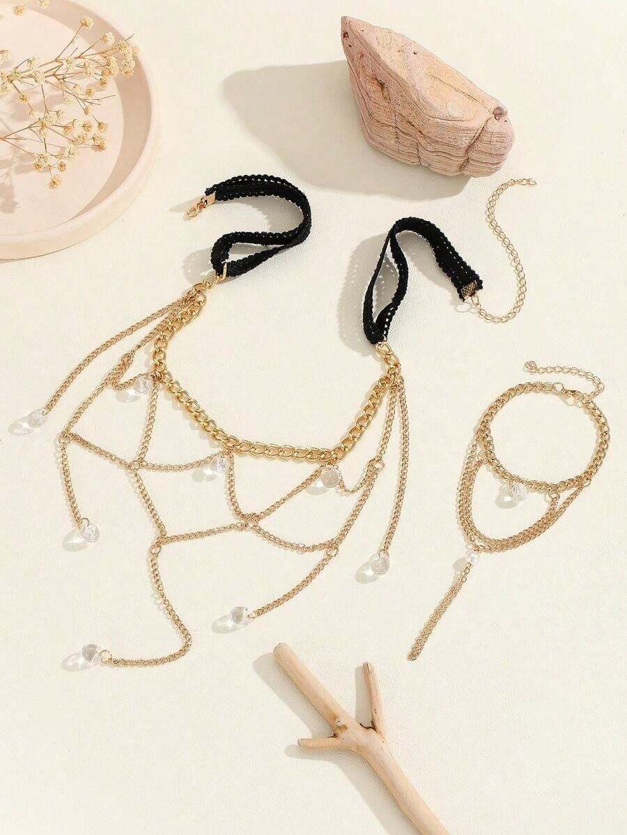 1pc Fashionable Multi-Layer Metal Chain With Drop Pendant Connected Finger Bracelet And Leg Chain Valentine's Day Gift - Vàng - Xem 1