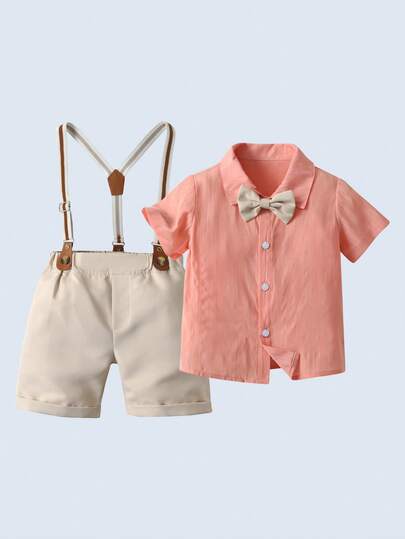 2 piezas Conjunto de caballero para niños pequeños - Camisa de manga corta con moño y pantalones cortos con tirantes caqui, vestimenta formal elegante adecuada para baby shower, fiesta de cumpleaños, boda, portador de anillos