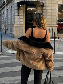 معطف فرو الدب البني الفاخر للنساء، معطف أنيق ذو ياقة من الفرو الاصطناعي الأسود، إطلالة أنيقة لحفلات الكرنفال والخروج الليلي، ملابس خارجية فرو أنيقة - بني - مشاهدة 9