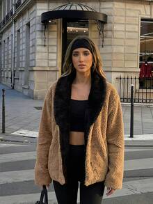 معطف فرو الدب البني الفاخر للنساء، معطف أنيق ذو ياقة من الفرو الاصطناعي الأسود، إطلالة أنيقة لحفلات الكرنفال والخروج الليلي، ملابس خارجية فرو أنيقة - بني - مشاهدة 3