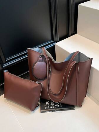 Large Capacity Solid Color Simple Tote Bag, Suitable For Shopping, Wallet, Young Women, College Students, Beginners, White-Collar. Ideal For Office, University, Work, Business, Commuting, Outdoor Activities, Travel And Picnics