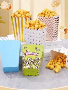 3pcs Striped Paper Popcorn Boxes, Blue, Pink, White - Suitable For Party Favors, Valentine's Day Party, Home Decor, Home Gifts - Multicolor - View 6