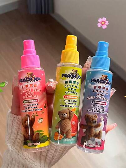 1瓶100毫升泰迪牌织物香氛，持久清新女士香水，衣物喷雾（香草皂、白茶茉莉、柑橘雪松）。三种香型可选：空气清新剂、高级织物香氛和持久留香型。适用于衣物、浴室、卧室、衣柜、客厅和汽车空气清新。