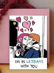 1pc, Unique Valentine's Day Card. LGBTQ Valentine's Card. Adult Valentine's Card. Includes Envelope. Premium Paper. Cartoon Girl Kissing Design. Love Card For LGBTQ. - Multicolor - View 6
