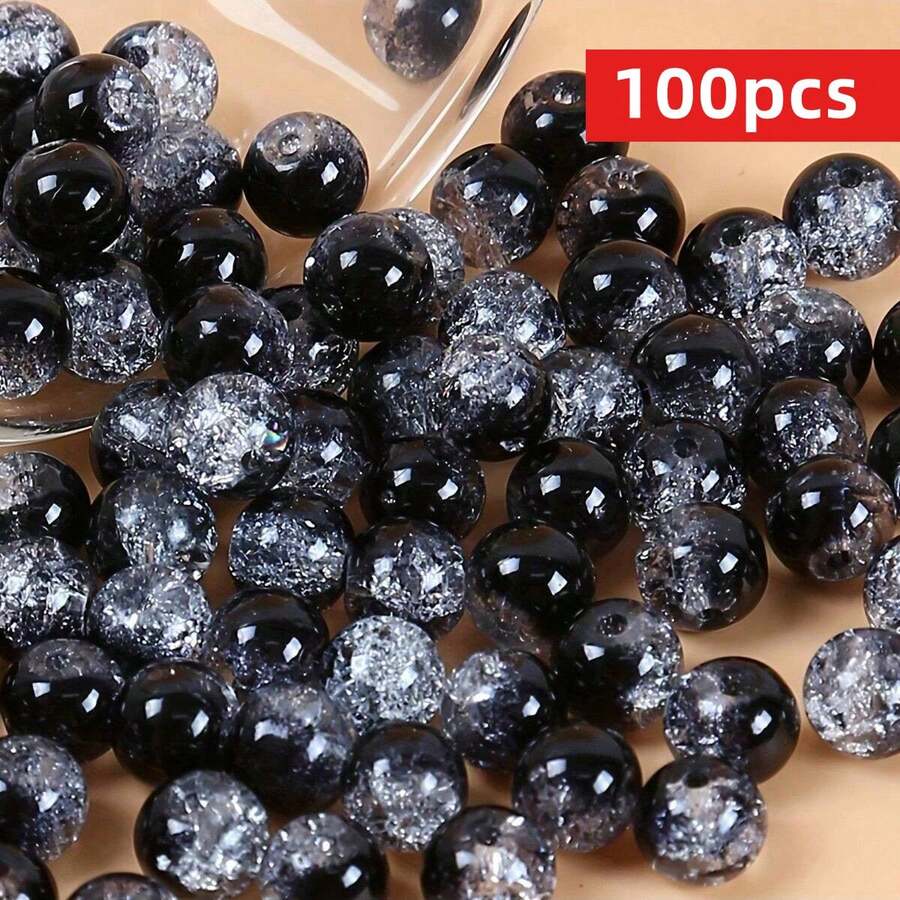 Yiwu Qiyou Accessories Co., LTD 100颗8毫米/6毫米创意黑白亚克力裂纹珠，适合女性，可用于DIY手链、项链、珠宝制作，也适合节日串珠。 - 黑色 - 查看 1