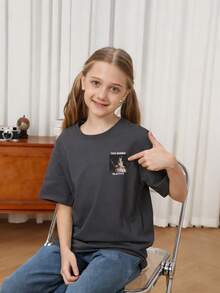 Tween Girl Casual Funny Print Round Neck Short Sleeve T-Shirt, Summer Top - Dark Grey - View 3