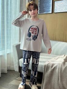 2pcs/Set Autumn/Winter Boys Pajamas, Cute Cartoon Print Round Neck Soft Knit Fabric Loungewear - Blue - View 5