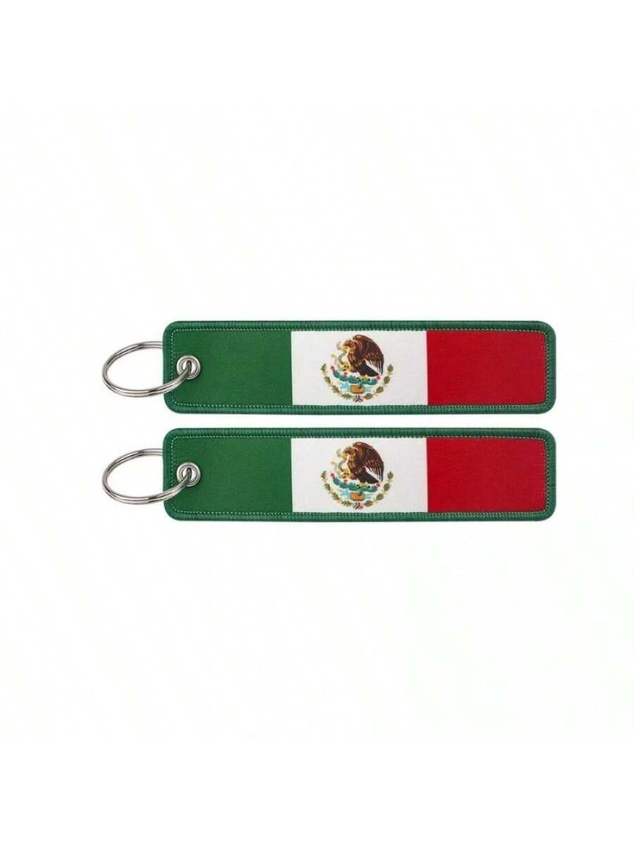 Llavero Textil Bordado Bandera de México - Etiqueta Rectangular Suave con Escudo Nacional y Argolla Metálica, 1 pcs