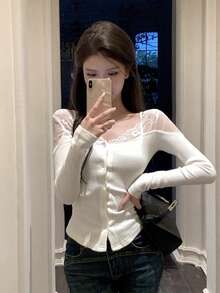 Women's Autumn/Winter New Lace Patchwork Pure Elegant Long Sleeve Slim Fit Knit Top - White - View 11