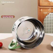 1个304不锈钢卡通图案方便面碗，带折叠勺、滤网、盖子，可作汤碗、饭碗或午餐盒