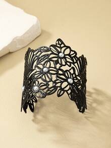 Brazalete abierto calado con diseño de encaje negro de estilo francés Vintage de 1 pieza con tamaño ajustable - Negro - Ver 5
