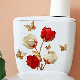 1 pieza Pegatina de inodoro con diseño de tulipanes rojos y dorados, con mariposas doradas - Autoadhesiva, removible, de PVC para decoración de salas de estar, dormitorios, baños e inodoros, de un solo uso, con tema de flores