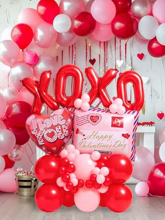 56pcs Valentine's Day Party Decoration Balloon Set, Including 16-Inch Red "XOXO" Letter Foil Balloons, Pink Love Letter/Envelope Shaped Balloons, 18-Inch "I Love You" Heart Shaped Balloons, Suitable For Valentine's Day, Birthday, Wedding, Anniversary, Confession, Scene Atmosphere Decoration, Photo Booth Props, Party Decor
