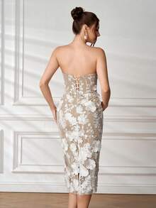 Floral Embroidered Backless Bodycon Dress, Elegant Luxury Evening Gown