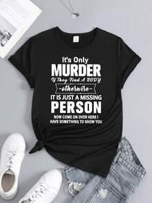 Women's T-Shirt With "IT'S ONLY" Graphic Print - Soft And Breathable Fabric, Relaxed Fit Short Sleeve T-Shirt, Quick Dry And Machine Washable For Casual And Outdoor Summer Activities, Ladies' T-Shirts, Leisurewear, Crew Neck T-Shirt, Medium Stretch Fabric - 黑色 - 查看 1