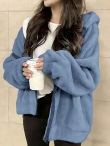 Drawstring Hooded Sweatshirt Style Plush Coat, Versatile European And American YK2 Style Fashionable Casual Versatile Women's Hooded Warm Cardigan Plush Top, Sweet And Spicy Style Jacket, High-End Feel, Warm Autumn And Winter New Street College Style Comfortable And Warm Plush Coat Women's Long-Sleeved Top, Spring And Autumn New Arrivals Outing Top, Cotton Women's Top, Women's Street Clothing Sports Top Women's Clothing, Casual And Comfortable Silhouette, Soft And Warm Fur, Blue Top, Autumn And Winter New Fleece-Lined, Jacket, Abrigos Mujer De Invierno, Plumifero Mujer, Anorak De Mujer, Abrigos Mujer De Invierno>Elegante, Plumas Mujer Abrigo, μπουφάν, Winterjas, Bodywarmer, Abrigo, Giubbotto Donna Invernale Curvy, Outfit Capodanno, Solid Color, Loose Fit Fashionable Women's Top - Blue - View 6