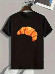 Camiseta de manga corta de algodón negro para hombres con estampado de croissant naranja - Top casual de verano. Lavable aáquina. Cuello redondo. Ajuste Regular. Camiseta Retro - Negro - Ver 1