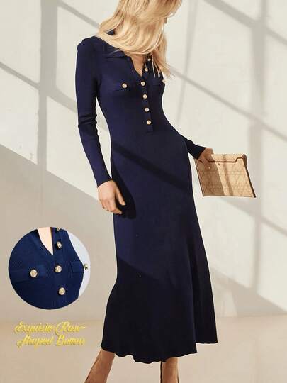 Women's Elegant Casual Knit Dress, Fashion Refined Dress, Daily Commute Casual Solid Color Button Design, Suitable For Daily Gatherings, Formal Dinners, Back To School, Streetwear, Parties, Weddings