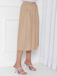 Plain Culottes With Two Elasticated Waist Pockets, Women's Linen, Knot Detail, Wedding Dress. - 米色 - 查看 4