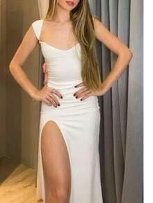 Kathinny Dress, Simple Knit Fabric, Side Slit, Perfect For Holidays, Evenings, Weddings, Birthday Parties, And Dates. - trắng - Xem 2