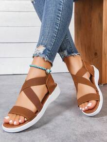 Women's Platform Wedge Sandals, Fashion Criss-Cross Elastic Band, Elegant Luxury Sexy Party Sandals, Lightweight Casual Beach Versatile High Heel Sandals - Brown - View 2