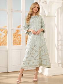 ASBB 重工刺繡金色亮片阿拉伯女款 JALABIYA 圓領金色領結綠色優雅洋裝，2026年秋季派對度假休閒穿著 - 薄荷綠 - 查看 9