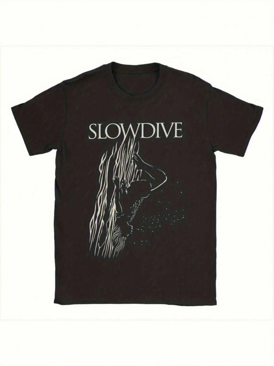 Camiseta gráfica de banda para hombres% algodón, casual, de manga corta, cuello redondo, con llama artística; impresión de texto - diseño negro con blanco. Ajuste Regular, Comodidad para Todas las Estaciones - Negro - Ver 1