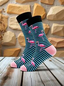 1 Pair Men's Mid-Calf Socks With Flamingo Pattern, Men's Striped Flamingo Casual Socks, Fall - Multicolor - View 3
