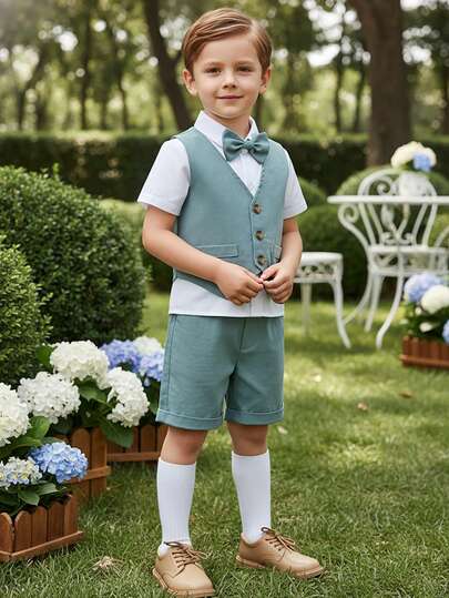 BOARNSEORL 2pcs Young Boys Gentleman Outfit - Mint Green Vest Top With Shirt & Bow Tie, Shorts, Stylish Formal Attire Suitable For Baby Shower, Birthday Party, Wedding, Ring Bearer