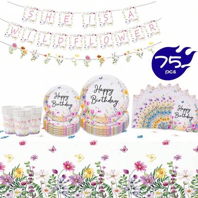 一套花卉图案生日快乐一次性餐具，包括餐盘、餐巾纸、杯子、桌布和三角旗，适合16位客人使用，一次性纸盘，适用于生日、婚礼、主题派对、家庭野餐等场合。