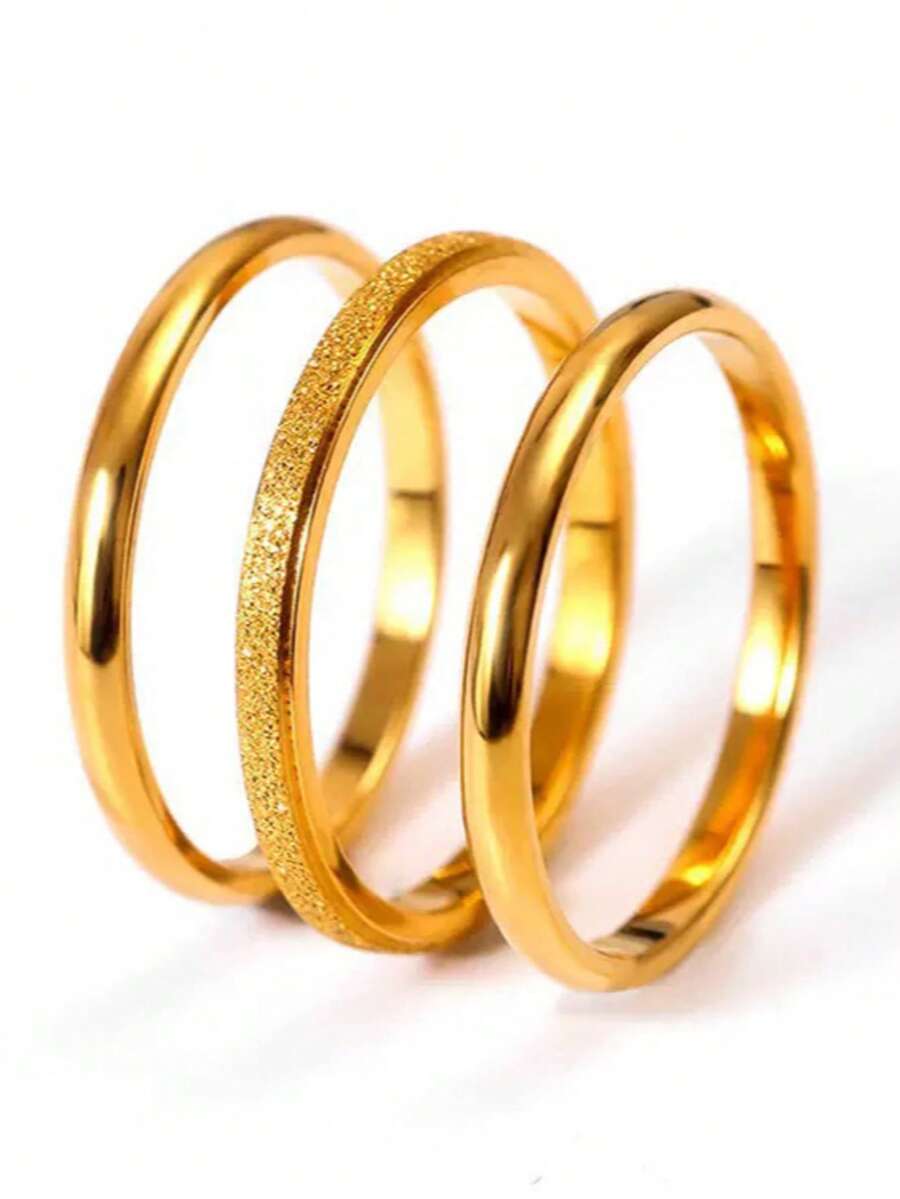 3pcs Stainless Steel 18K Gold Plated Fashion Rings Set, Suitable For Girl's Daily Wear Or Gift - Gold - View 1