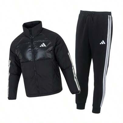 Adidas Men's Sports Casual Suit: Stand-Up Collar Down Jacket + Knitted Trousers. Comfortable And Soft For Everyday Casual Wear. Lightweight And Suitable For Daily Commuting. Comfortable Knitted Fleece-Lined Trousers.