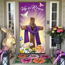 1pc Easter Joyful Wreath Decor, Polyester He Is Risen Pattern Spring Porch Sign Holiday Party Front Door Hanging Background Indoor Outdoor Banner Home Decor, 70x35 Inches