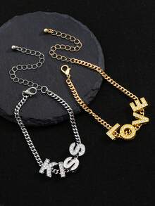 2pcs European & American Fashion Hip-Hop KISS, LOVE Chain Bracelets, Suitable For Daily Wear - Multicolor - View 5