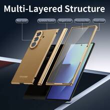 VIETAO Leather All-In-One Full Coverage Electroplated Material Faux Leather Full-Coverage Protective Phone Case Compatible With Samsung Galaxy Z Fold 7 6 6 5 4 Fold7 Fold6 Fold5 Fold4 With Tempered Glass Screen Protector Mobile Cover Spring Gift - Desert Gold - View 8